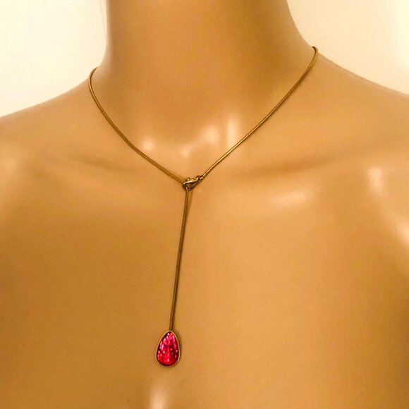 LALIQUE -France Vintage Art Deco Ruby Heliconia Pendant Necklace 18K Gold Plate - Picture 5 of 6